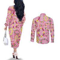 Hawaiian Leis Couples Matching Off The Shoulder Long Sleeve Dress and Long Sleeve Button Shirt Kakau Tattoos and Palaka Pastel Pink Color LT03 - Polynesian Pride