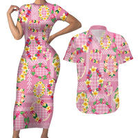 Hawaiian Leis Couples Matching Short Sleeve Bodycon Dress and Hawaiian Shirt Kakau Tattoos and Palaka Pastel Pink Color LT03 Pink - Polynesian Pride