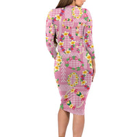 Hawaiian Leis Family Matching Long Sleeve Bodycon Dress and Hawaiian Shirt Kakau Tattoos and Palaka Pastel Pink Color LT03 - Polynesian Pride