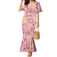 Hawaiian Leis Family Matching Mermaid Dress and Hawaiian Shirt Kakau Tattoos and Palaka Pastel Pink Color LT03 Mom's Dress Pink - Polynesian Pride
