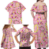 Hawaiian Leis Family Matching Off Shoulder Maxi Dress and Hawaiian Shirt Kakau Tattoos and Palaka Pastel Pink Color LT03 - Polynesian Pride