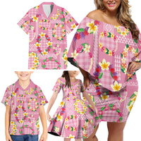 Hawaiian Leis Family Matching Off Shoulder Short Dress and Hawaiian Shirt Kakau Tattoos and Palaka Pastel Pink Color LT03 - Polynesian Pride