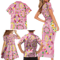 Hawaiian Leis Family Matching Short Sleeve Bodycon Dress and Hawaiian Shirt Kakau Tattoos and Palaka Pastel Pink Color LT03 - Polynesian Pride