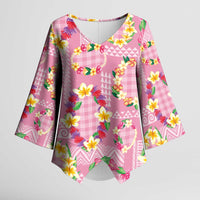 Hawaiian Leis Kimono Sleeve Blouse Kakau Tattoos and Palaka Pastel Pink Color