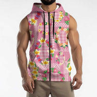 Hawaiian Leis Sleeveless Zip Hoodie Kakau Tattoos and Palaka Pastel Pink Color