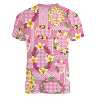 Hawaiian Leis Women V-Neck T-Shirt Kakau Tattoos and Palaka Pastel Pink Color
