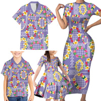 Hawaiian Leis Family Matching Short Sleeve Bodycon Dress and Hawaiian Shirt Kakau Tattoos and Palaka Pastel Purple Color LT03 - Polynesian Pride