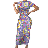 Hawaiian Leis Family Matching Short Sleeve Bodycon Dress and Hawaiian Shirt Kakau Tattoos and Palaka Pastel Purple Color LT03 Mom's Dress Purple - Polynesian Pride