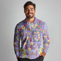 Hawaiian Leis Long Sleeve Polo Shirt Kakau Tattoos and Palaka Pastel Purple Color