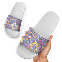 Hawaiian Leis Slide Sandals Kakau Tattoos and Palaka Pastel Purple Color