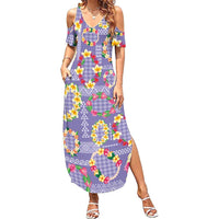 Hawaiian Leis Summer Maxi Dress Kakau Tattoos and Palaka Pastel Purple Color