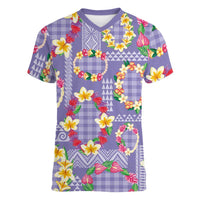 Hawaiian Leis Women V-Neck T-Shirt Kakau Tattoos and Palaka Pastel Purple Color LT03 Female Purple - Polynesian Pride