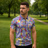 Hawaiian Leis Zipper Polo Shirt Kakau Tattoos and Palaka Pastel Purple Color