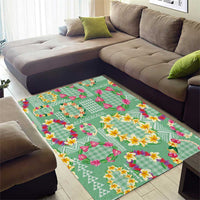 Hawaiian Leis Area Rug Kakau Tattoos and Palaka Pastel Green Color