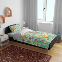 Hawaiian Leis Bedding Set Kakau Tattoos and Palaka Pastel Green Color