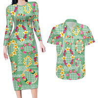 Hawaiian Leis Couples Matching Long Sleeve Bodycon Dress and Hawaiian Shirt Kakau Tattoos and Palaka Pastel Green Color LT03 Green - Polynesian Pride