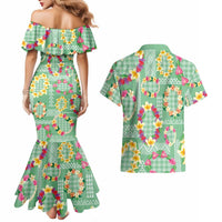 Hawaiian Leis Couples Matching Mermaid Dress and Hawaiian Shirt Kakau Tattoos and Palaka Pastel Green Color LT03 - Polynesian Pride