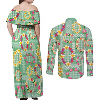 Hawaiian Leis Couples Matching Off Shoulder Maxi Dress and Long Sleeve Button Shirt Kakau Tattoos and Palaka Pastel Green Color
