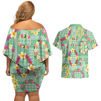 Hawaiian Leis Couples Matching Off Shoulder Short Dress and Hawaiian Shirt Kakau Tattoos and Palaka Pastel Green Color LT03 - Polynesian Pride