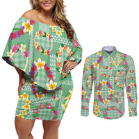 Hawaiian Leis Couples Matching Off Shoulder Short Dress and Long Sleeve Button Shirt Kakau Tattoos and Palaka Pastel Green Color