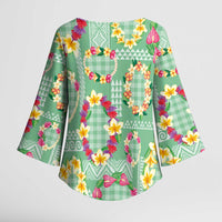 Hawaiian Leis Kimono Sleeve Blouse Kakau Tattoos and Palaka Pastel Green Color