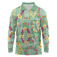 Hawaiian Leis Long Sleeve Polo Shirt Kakau Tattoos and Palaka Pastel Green Color