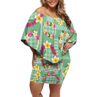 Hawaiian Leis Off Shoulder Short Dress Kakau Tattoos and Palaka Pastel Green Color