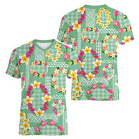 Hawaiian Leis Women V-Neck T-Shirt Kakau Tattoos and Palaka Pastel Green Color