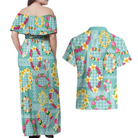 Hawaiian Leis Couples Matching Off Shoulder Maxi Dress and Hawaiian Shirt Kakau Tattoos and Palaka Pastel Teal Color LT03 - Polynesian Pride