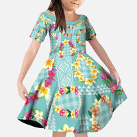 Hawaiian Leis Family Matching Off The Shoulder Long Sleeve Dress and Hawaiian Shirt Kakau Tattoos and Palaka Pastel Teal Color LT03 Daughter's Dress Teal - Polynesian Pride