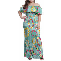 Hawaiian Leis Family Matching Off Shoulder Maxi Dress and Hawaiian Shirt Kakau Tattoos and Palaka Pastel Teal Color LT03 Mom's Dress Teal - Polynesian Pride