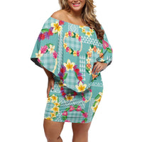 Hawaiian Leis Family Matching Off Shoulder Short Dress and Hawaiian Shirt Kakau Tattoos and Palaka Pastel Teal Color LT03 Mom's Dress Teal - Polynesian Pride