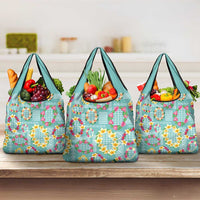 Hawaiian Leis Grocery Bag Kakau Tattoos and Palaka Pastel Teal Color