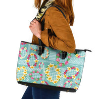 Hawaiian Leis Leather Tote Bag Kakau Tattoos and Palaka Pastel Teal Color
