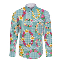Hawaiian Leis Long Sleeve Button Shirt Kakau Tattoos and Palaka Pastel Teal Color