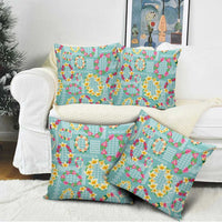 Hawaiian Leis Pillow Cover Kakau Tattoos and Palaka Pastel Teal Color