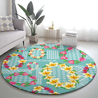 Hawaiian Leis Round Carpet Kakau Tattoos and Palaka Pastel Teal Color