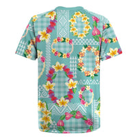 Hawaiian Leis Rugby Jersey Kakau Tattoos and Palaka Pastel Teal Color
