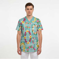 Hawaiian Leis Scrub Top Kakau Tattoos and Palaka Pastel Teal Color