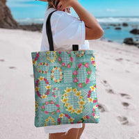 Hawaiian Leis Tote Bag Kakau Tattoos and Palaka Pastel Teal Color