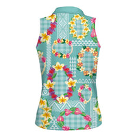 Hawaiian Leis Women Sleeveless Polo Shirt Kakau Tattoos and Palaka Pastel Teal Color