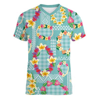 Hawaiian Leis Women V-Neck T-Shirt Kakau Tattoos and Palaka Pastel Teal Color