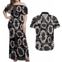 Hawaiian Leis Couples Matching Off Shoulder Maxi Dress and Hawaiian Shirt Kakau Tattoos and Palaka Pastel Grayscale