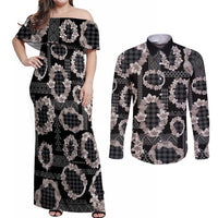 Hawaiian Leis Couples Matching Off Shoulder Maxi Dress and Long Sleeve Button Shirt Kakau Tattoos and Palaka Pastel Grayscale