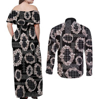 Hawaiian Leis Couples Matching Off Shoulder Maxi Dress and Long Sleeve Button Shirt Kakau Tattoos and Palaka Pastel Grayscale
