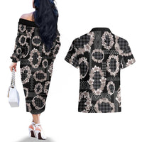Hawaiian Leis Couples Matching Off The Shoulder Long Sleeve Dress and Hawaiian Shirt Kakau Tattoos and Palaka Pastel Grayscale LT03 - Polynesian Pride
