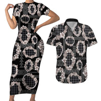 Hawaiian Leis Couples Matching Short Sleeve Bodycon Dress and Hawaiian Shirt Kakau Tattoos and Palaka Pastel Grayscale LT03 Black - Polynesian Pride
