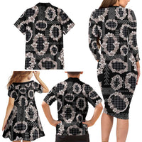 Hawaiian Leis Family Matching Long Sleeve Bodycon Dress and Hawaiian Shirt Kakau Tattoos and Palaka Pastel Grayscale LT03 - Polynesian Pride