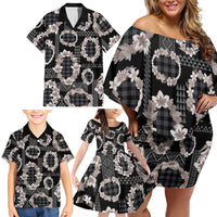 Hawaiian Leis Family Matching Off Shoulder Short Dress and Hawaiian Shirt Kakau Tattoos and Palaka Pastel Grayscale LT03 - Polynesian Pride