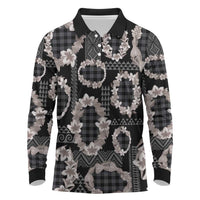 Hawaiian Leis Long Sleeve Polo Shirt Kakau Tattoos and Palaka Pastel Grayscale